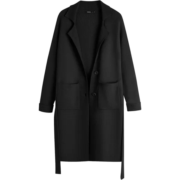 imageZESICA Womens 2023 Fall Winter Long Sleeve Open Front Knit Cardigan Lapel Button Down Belted Sweater Coat with PocketsBlack