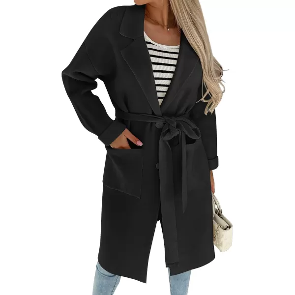 imageZESICA Womens 2023 Fall Winter Long Sleeve Open Front Knit Cardigan Lapel Button Down Belted Sweater Coat with PocketsBlack
