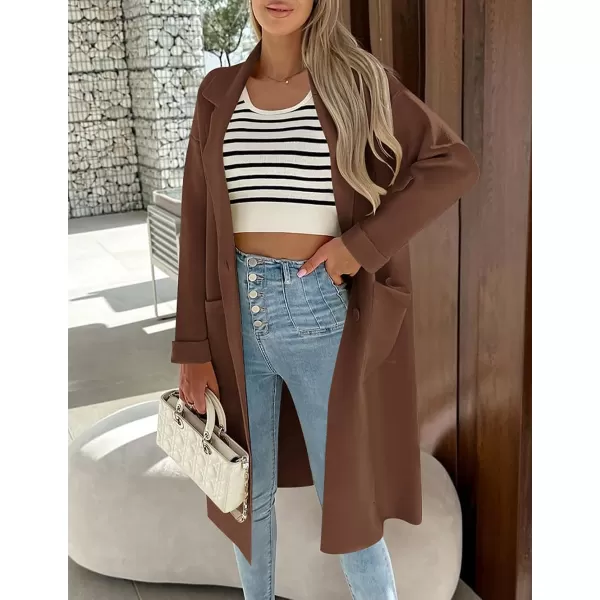 imageZESICA Womens 2023 Fall Winter Long Sleeve Open Front Knit Cardigan Lapel Button Down Belted Sweater Coat with PocketsBrown