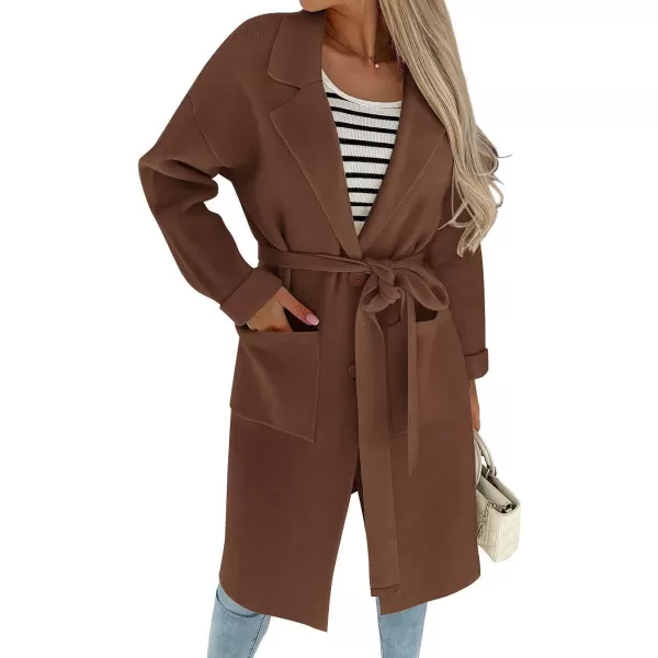 imageZESICA Womens 2023 Fall Winter Long Sleeve Open Front Knit Cardigan Lapel Button Down Belted Sweater Coat with PocketsBrown