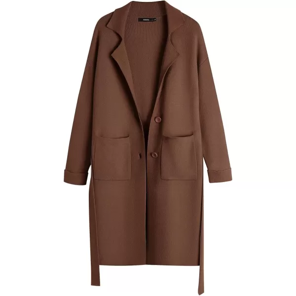imageZESICA Womens 2023 Fall Winter Long Sleeve Open Front Knit Cardigan Lapel Button Down Belted Sweater Coat with PocketsBrown
