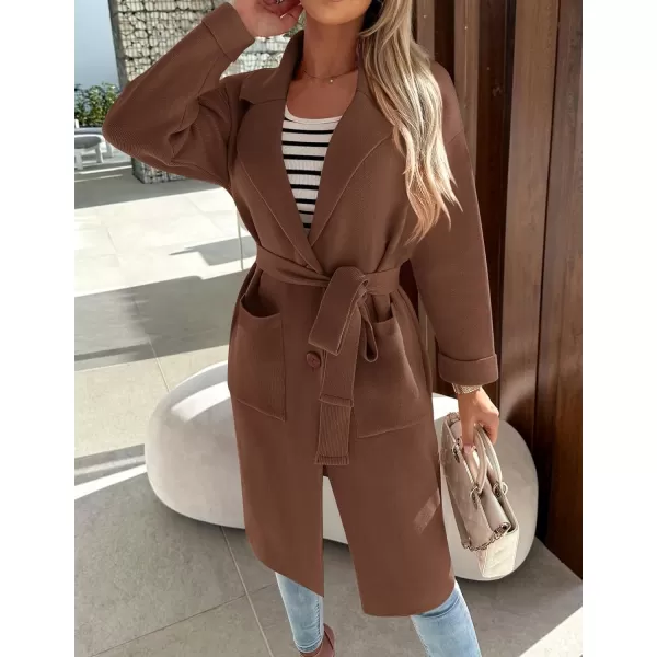 imageZESICA Womens 2023 Fall Winter Long Sleeve Open Front Knit Cardigan Lapel Button Down Belted Sweater Coat with PocketsBrown