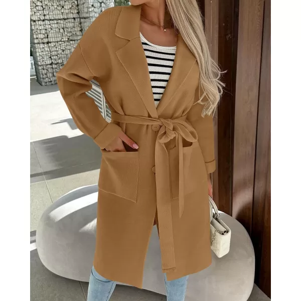imageZESICA Womens 2023 Fall Winter Long Sleeve Open Front Knit Cardigan Lapel Button Down Belted Sweater Coat with PocketsCamel