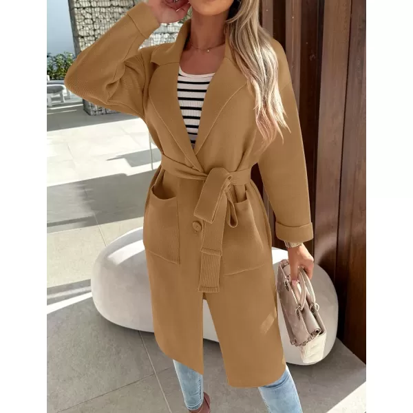 imageZESICA Womens 2023 Fall Winter Long Sleeve Open Front Knit Cardigan Lapel Button Down Belted Sweater Coat with PocketsCamel
