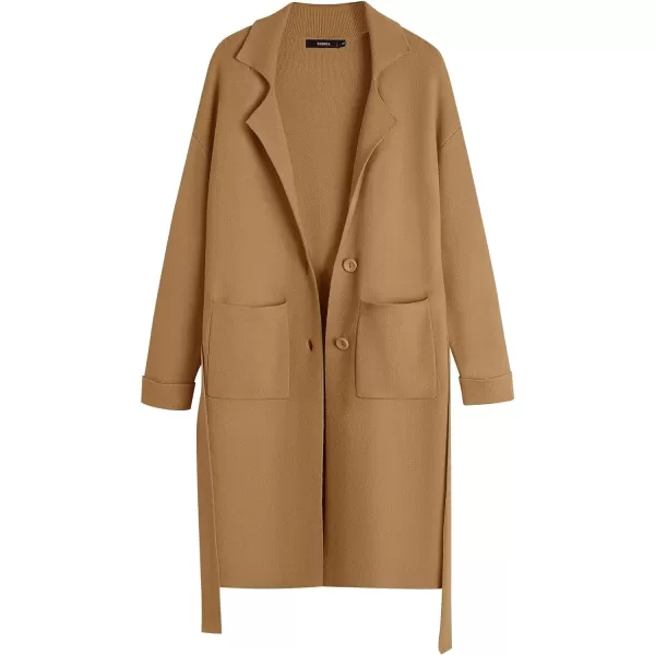 imageZESICA Womens 2023 Fall Winter Long Sleeve Open Front Knit Cardigan Lapel Button Down Belted Sweater Coat with PocketsCamel