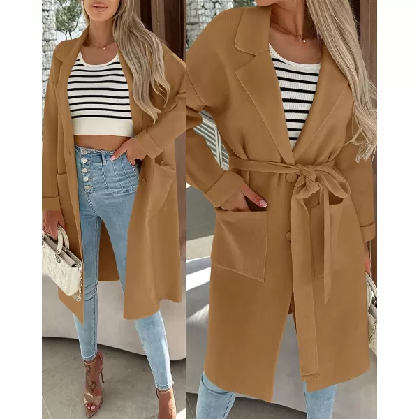imageZESICA Womens 2023 Fall Winter Long Sleeve Open Front Knit Cardigan Lapel Button Down Belted Sweater Coat with PocketsCamel