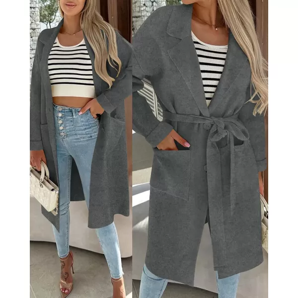 imageZESICA Womens 2023 Fall Winter Long Sleeve Open Front Knit Cardigan Lapel Button Down Belted Sweater Coat with PocketsDarkgrey