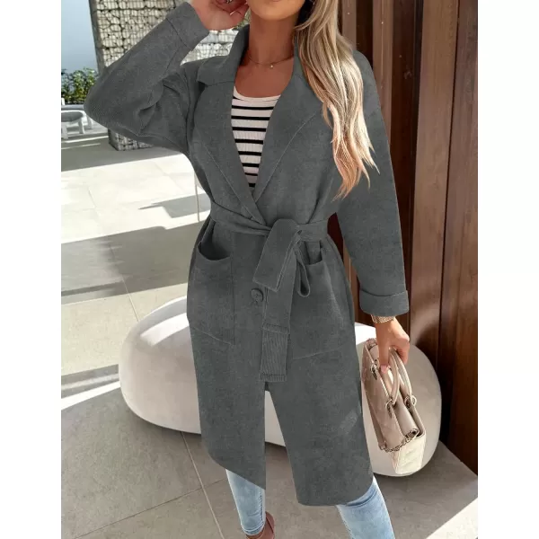 imageZESICA Womens 2023 Fall Winter Long Sleeve Open Front Knit Cardigan Lapel Button Down Belted Sweater Coat with PocketsDarkgrey