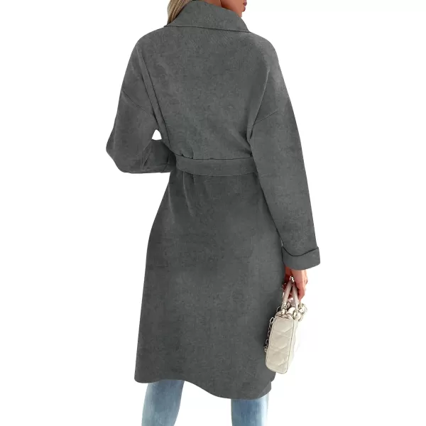 imageZESICA Womens 2023 Fall Winter Long Sleeve Open Front Knit Cardigan Lapel Button Down Belted Sweater Coat with PocketsDarkgrey