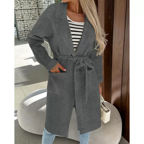 imageZESICA Womens 2023 Fall Winter Long Sleeve Open Front Knit Cardigan Lapel Button Down Belted Sweater Coat with PocketsDarkgrey