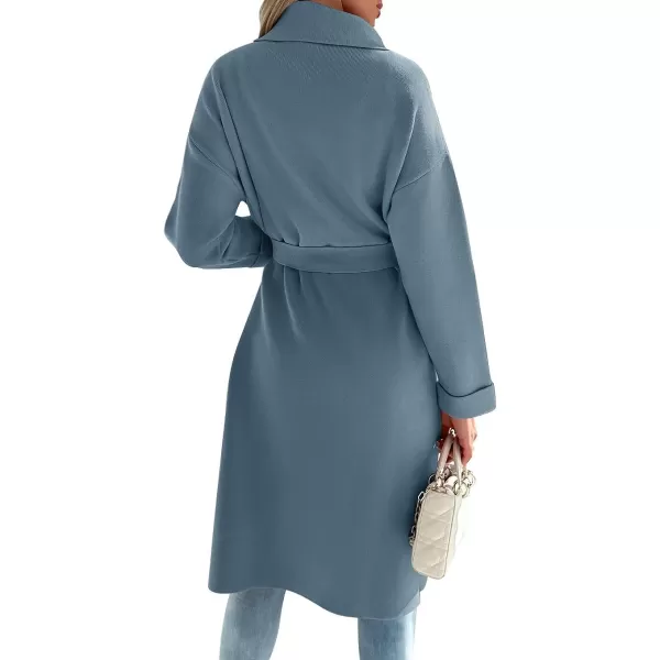 imageZESICA Womens 2023 Fall Winter Long Sleeve Open Front Knit Cardigan Lapel Button Down Belted Sweater Coat with PocketsDustyblue