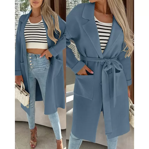 imageZESICA Womens 2023 Fall Winter Long Sleeve Open Front Knit Cardigan Lapel Button Down Belted Sweater Coat with PocketsDustyblue