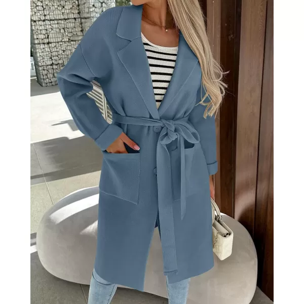 imageZESICA Womens 2023 Fall Winter Long Sleeve Open Front Knit Cardigan Lapel Button Down Belted Sweater Coat with PocketsDustyblue