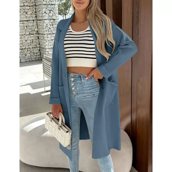 imageZESICA Womens 2023 Fall Winter Long Sleeve Open Front Knit Cardigan Lapel Button Down Belted Sweater Coat with PocketsDustyblue