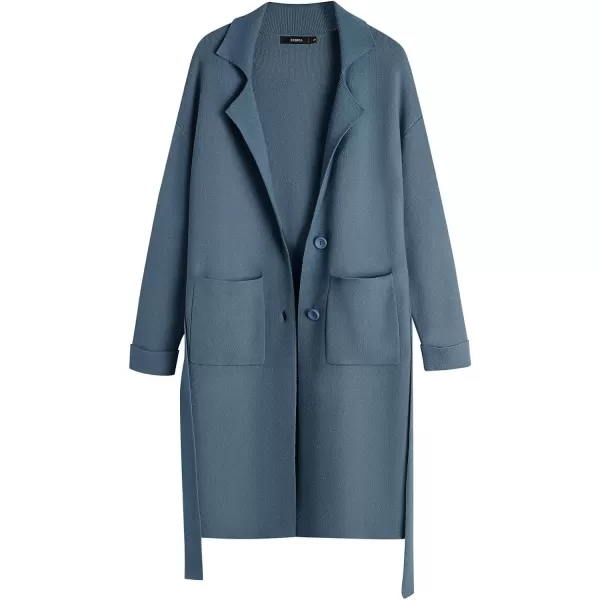imageZESICA Womens 2023 Fall Winter Long Sleeve Open Front Knit Cardigan Lapel Button Down Belted Sweater Coat with PocketsDustyblue