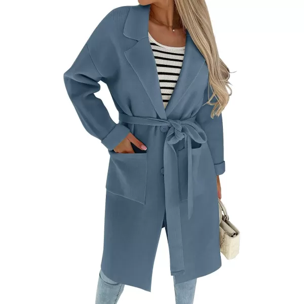 imageZESICA Womens 2023 Fall Winter Long Sleeve Open Front Knit Cardigan Lapel Button Down Belted Sweater Coat with PocketsDustyblue