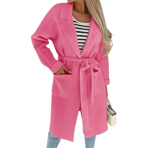 imageZESICA Womens 2023 Fall Winter Long Sleeve Open Front Knit Cardigan Lapel Button Down Belted Sweater Coat with PocketsHotpink