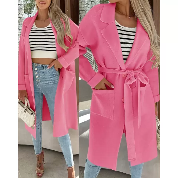 imageZESICA Womens 2023 Fall Winter Long Sleeve Open Front Knit Cardigan Lapel Button Down Belted Sweater Coat with PocketsHotpink