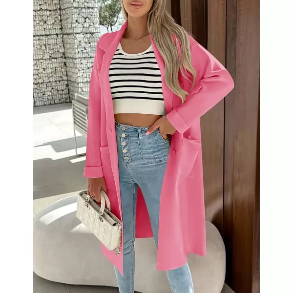 imageZESICA Womens 2023 Fall Winter Long Sleeve Open Front Knit Cardigan Lapel Button Down Belted Sweater Coat with PocketsHotpink
