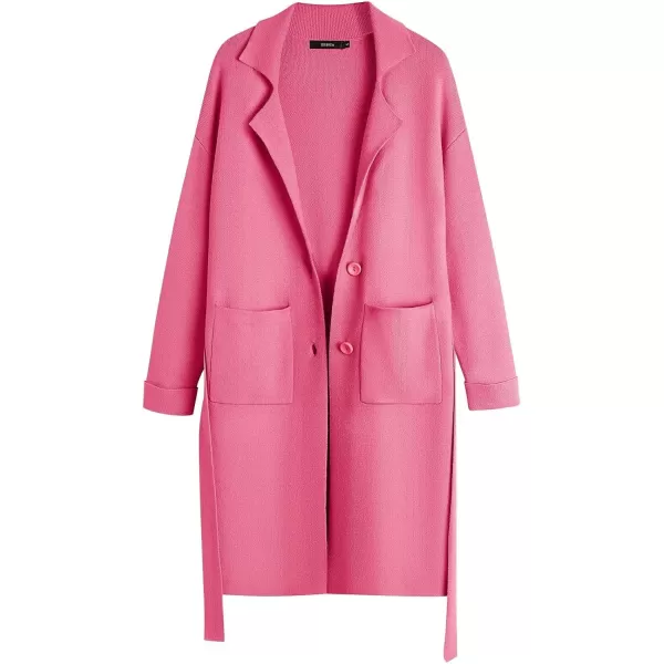 imageZESICA Womens 2023 Fall Winter Long Sleeve Open Front Knit Cardigan Lapel Button Down Belted Sweater Coat with PocketsHotpink