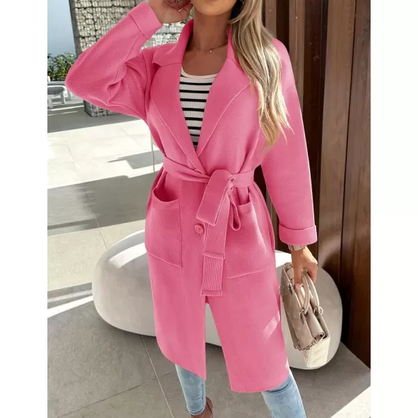 imageZESICA Womens 2023 Fall Winter Long Sleeve Open Front Knit Cardigan Lapel Button Down Belted Sweater Coat with PocketsHotpink