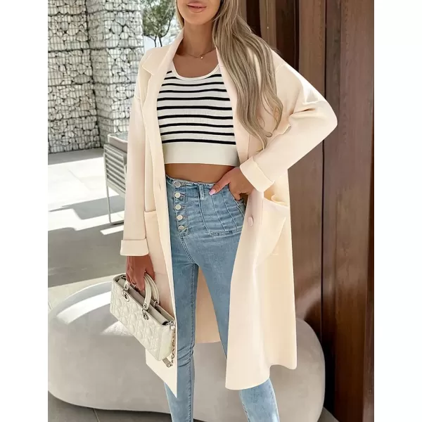 imageZESICA Womens 2023 Fall Winter Long Sleeve Open Front Knit Cardigan Lapel Button Down Belted Sweater Coat with PocketsIvory