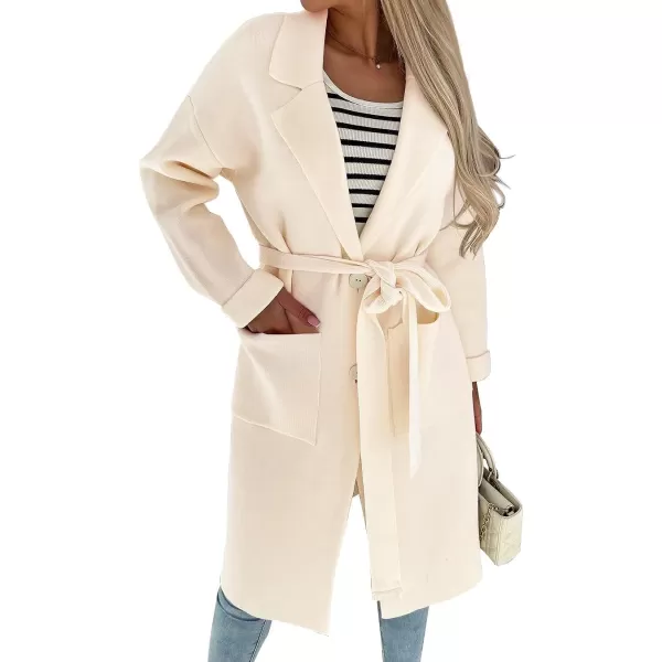 imageZESICA Womens 2023 Fall Winter Long Sleeve Open Front Knit Cardigan Lapel Button Down Belted Sweater Coat with PocketsIvory