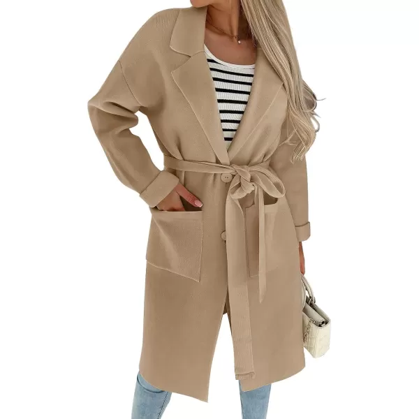 imageZESICA Womens 2023 Fall Winter Long Sleeve Open Front Knit Cardigan Lapel Button Down Belted Sweater Coat with PocketsKhaki