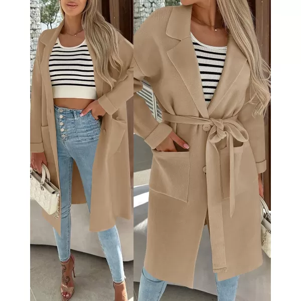 imageZESICA Womens 2023 Fall Winter Long Sleeve Open Front Knit Cardigan Lapel Button Down Belted Sweater Coat with PocketsKhaki