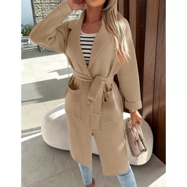 imageZESICA Womens 2023 Fall Winter Long Sleeve Open Front Knit Cardigan Lapel Button Down Belted Sweater Coat with PocketsKhaki