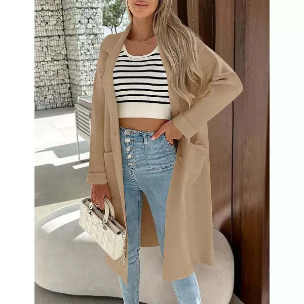 imageZESICA Womens 2023 Fall Winter Long Sleeve Open Front Knit Cardigan Lapel Button Down Belted Sweater Coat with PocketsKhaki