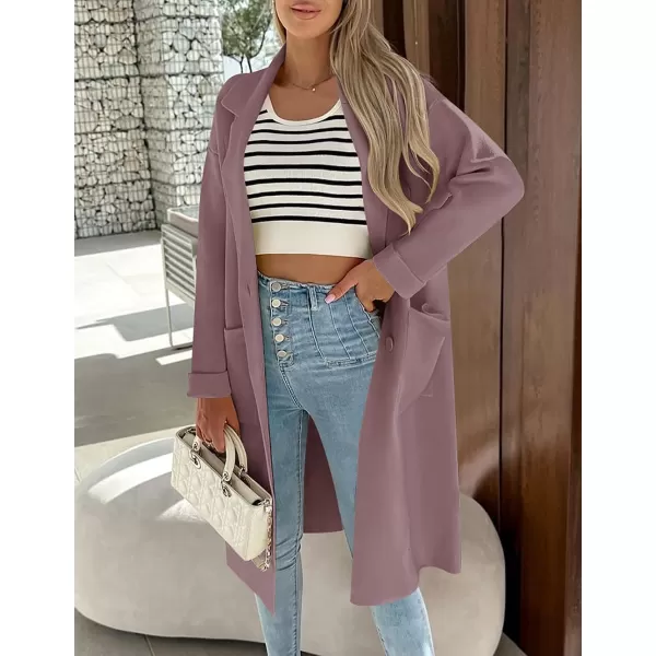 imageZESICA Womens 2023 Fall Winter Long Sleeve Open Front Knit Cardigan Lapel Button Down Belted Sweater Coat with PocketsPurple