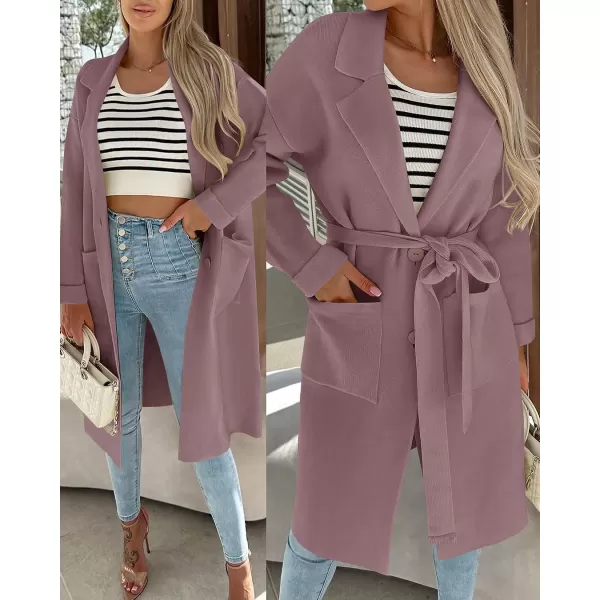 imageZESICA Womens 2023 Fall Winter Long Sleeve Open Front Knit Cardigan Lapel Button Down Belted Sweater Coat with PocketsPurple