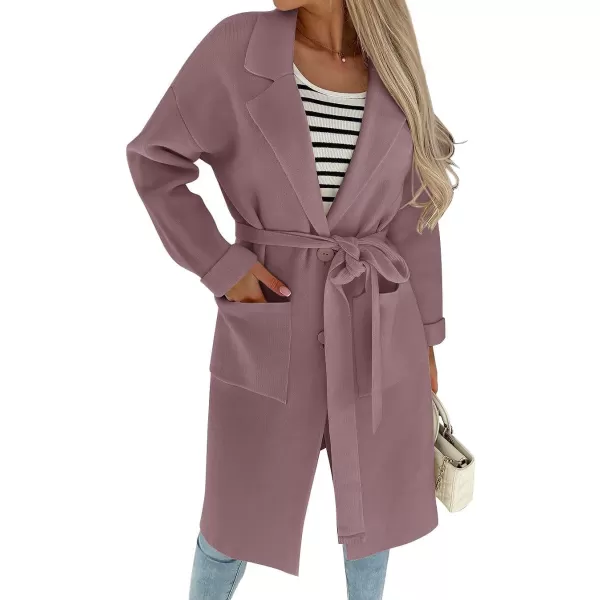 imageZESICA Womens 2023 Fall Winter Long Sleeve Open Front Knit Cardigan Lapel Button Down Belted Sweater Coat with PocketsPurple