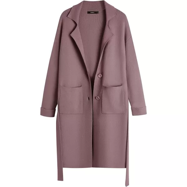 imageZESICA Womens 2023 Fall Winter Long Sleeve Open Front Knit Cardigan Lapel Button Down Belted Sweater Coat with PocketsPurple