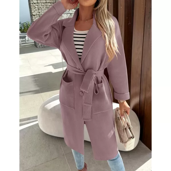 imageZESICA Womens 2023 Fall Winter Long Sleeve Open Front Knit Cardigan Lapel Button Down Belted Sweater Coat with PocketsPurple