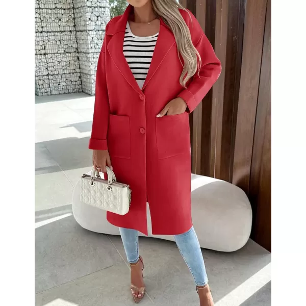 imageZESICA Womens 2023 Fall Winter Long Sleeve Open Front Knit Cardigan Lapel Button Down Belted Sweater Coat with PocketsRed