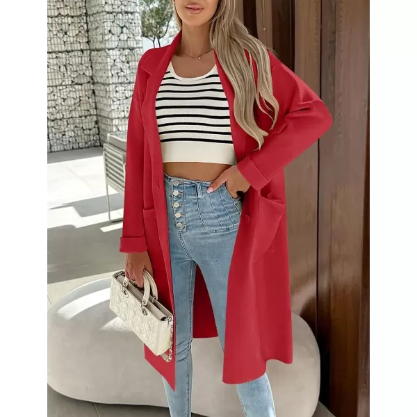 imageZESICA Womens 2023 Fall Winter Long Sleeve Open Front Knit Cardigan Lapel Button Down Belted Sweater Coat with PocketsRed