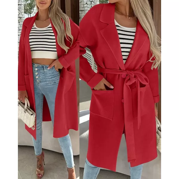 imageZESICA Womens 2023 Fall Winter Long Sleeve Open Front Knit Cardigan Lapel Button Down Belted Sweater Coat with PocketsRed