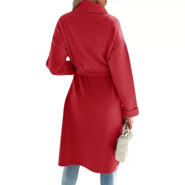 imageZESICA Womens 2023 Fall Winter Long Sleeve Open Front Knit Cardigan Lapel Button Down Belted Sweater Coat with PocketsRed