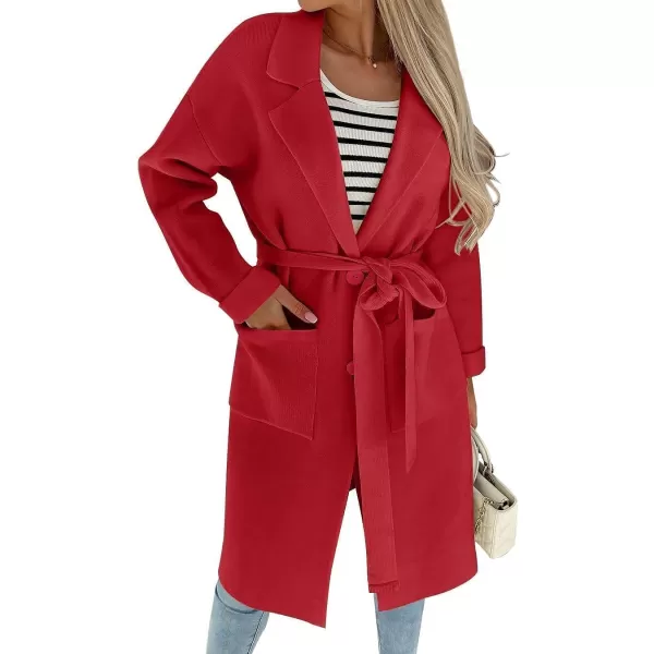 imageZESICA Womens 2023 Fall Winter Long Sleeve Open Front Knit Cardigan Lapel Button Down Belted Sweater Coat with PocketsRed