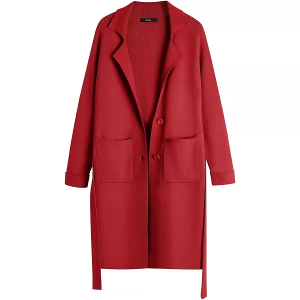 imageZESICA Womens 2023 Fall Winter Long Sleeve Open Front Knit Cardigan Lapel Button Down Belted Sweater Coat with PocketsRed