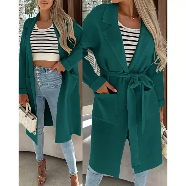 imageZESICA Womens 2023 Fall Winter Long Sleeve Open Front Knit Cardigan Lapel Button Down Belted Sweater Coat with PocketsTeal