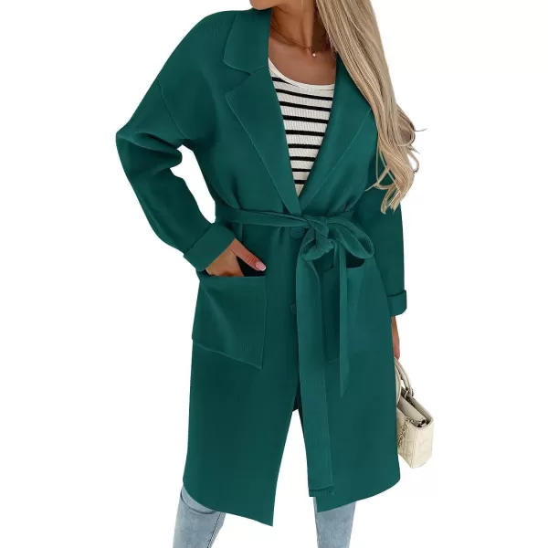 imageZESICA Womens 2023 Fall Winter Long Sleeve Open Front Knit Cardigan Lapel Button Down Belted Sweater Coat with PocketsTeal