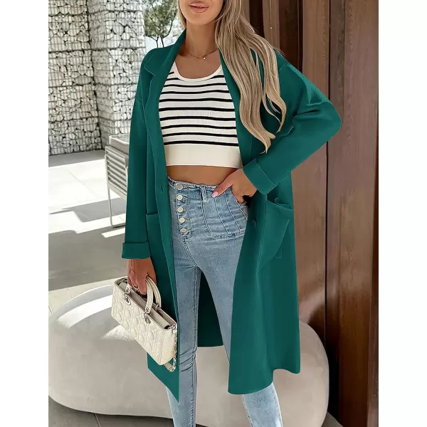 imageZESICA Womens 2023 Fall Winter Long Sleeve Open Front Knit Cardigan Lapel Button Down Belted Sweater Coat with PocketsTeal