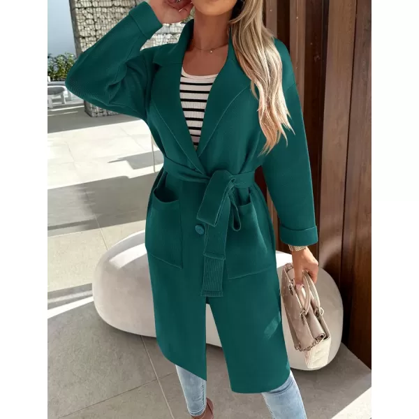 imageZESICA Womens 2023 Fall Winter Long Sleeve Open Front Knit Cardigan Lapel Button Down Belted Sweater Coat with PocketsTeal