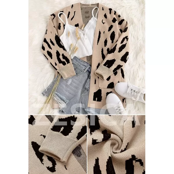 imageZESICA Womens 2023 Fall Winter Long Sleeves Open Front Leopard Print Knitted Sweater Cardigan Coat OutwearA Beige