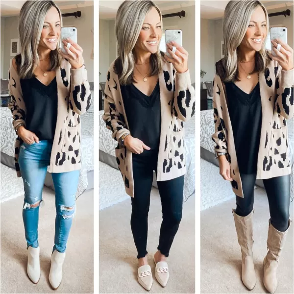 imageZESICA Womens 2023 Fall Winter Long Sleeves Open Front Leopard Print Knitted Sweater Cardigan Coat OutwearA Beige