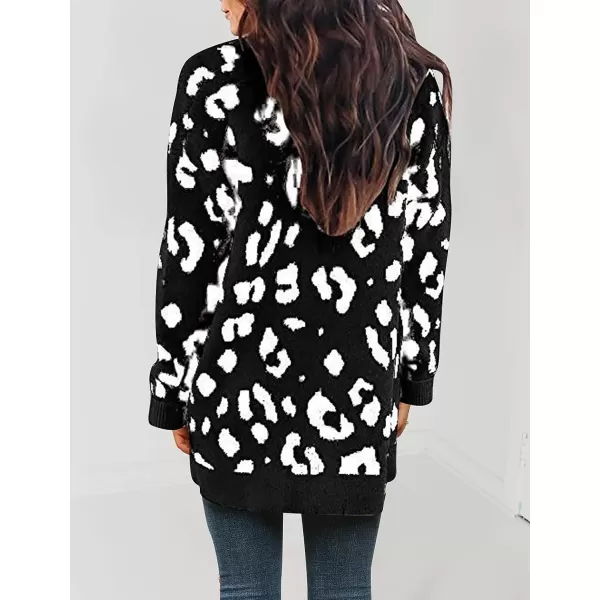 imageZESICA Womens 2023 Fall Winter Long Sleeves Open Front Leopard Print Knitted Sweater Cardigan Coat OutwearA Black