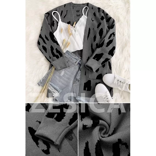 imageZESICA Womens 2023 Fall Winter Long Sleeves Open Front Leopard Print Knitted Sweater Cardigan Coat OutwearA Dark Grey